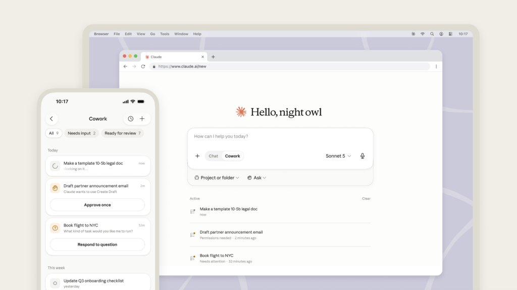 Official Claude visual showing Cowork available across web and mobile