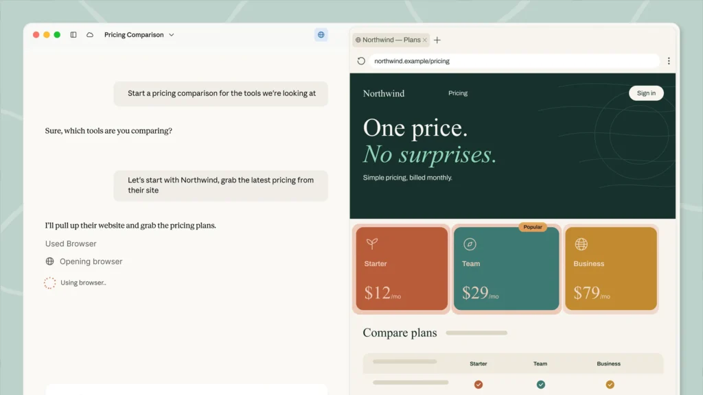 Claude Cowork built-in browser interface showing agentic web tasks in 2026