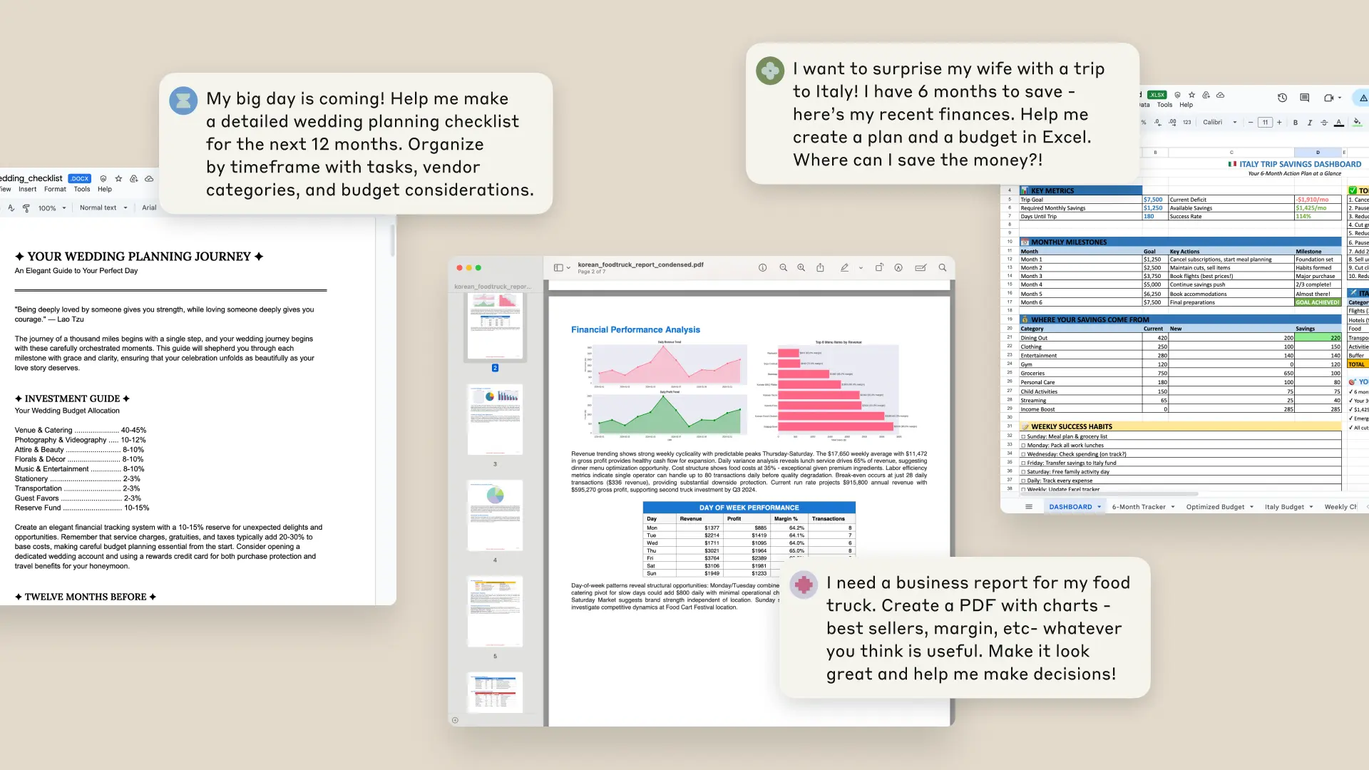 Official Claude visual showing prompts and generated Excel, document and PDF files