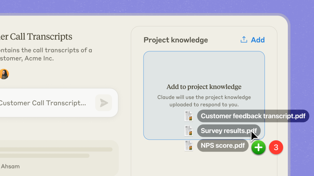 Claude Projects interface showing project knowledge file uploads