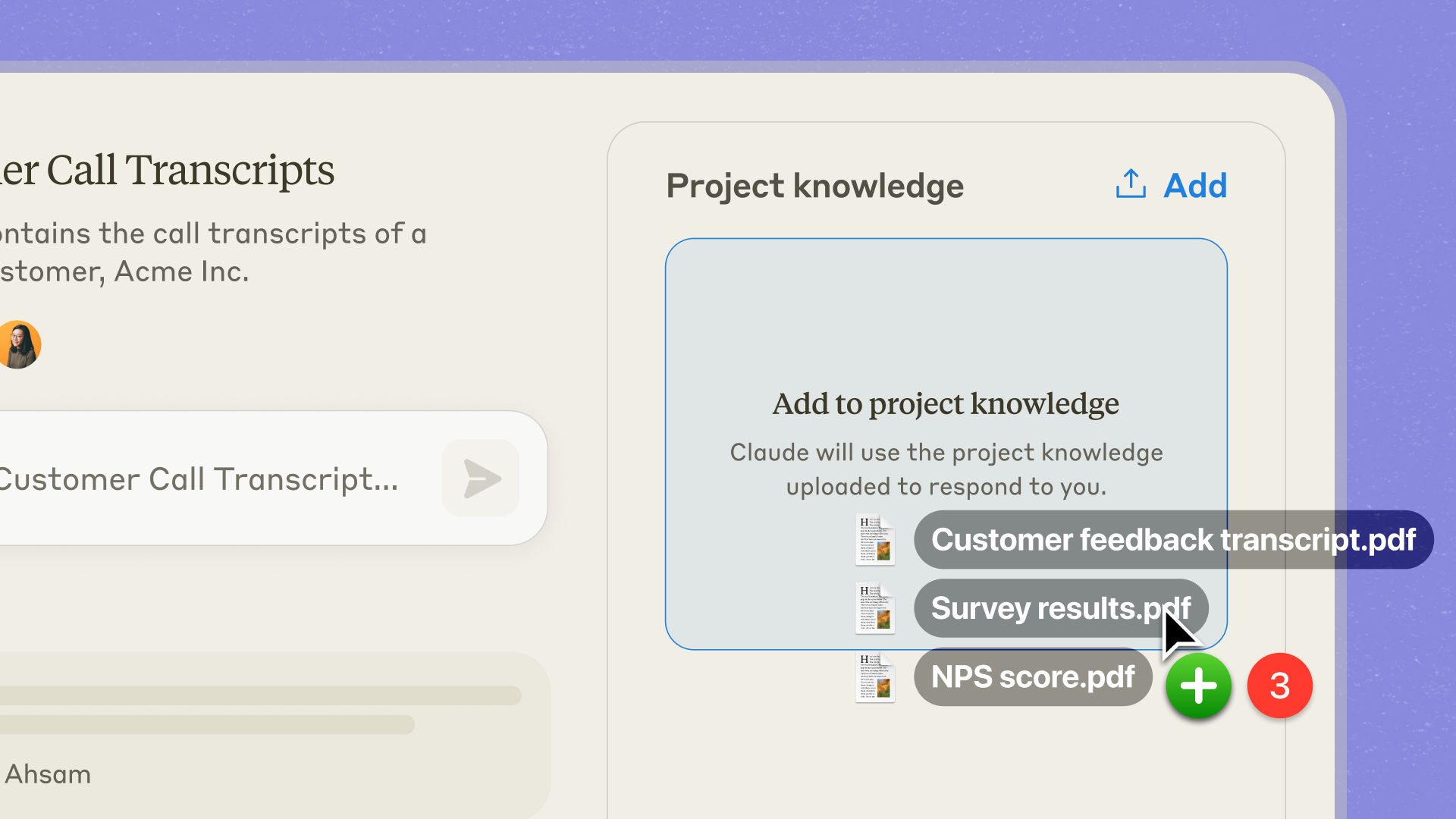 Claude Projects interface showing project knowledge file uploads