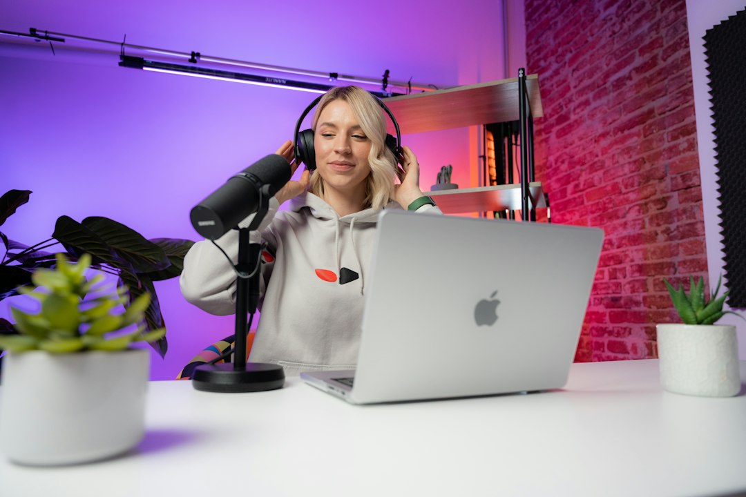 Content creator speaking on camera in a video studio