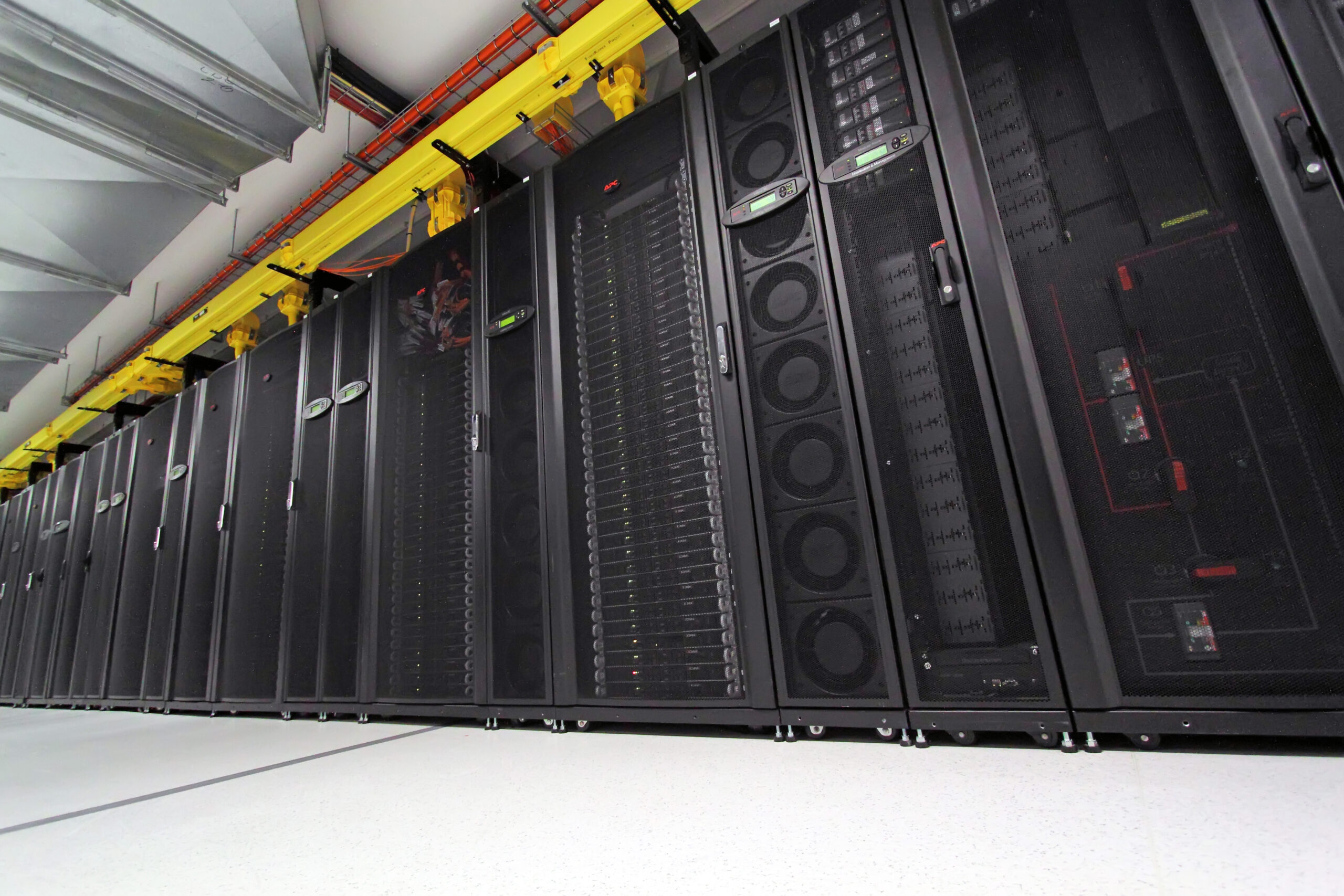 Rows of computer servers in a data center rack