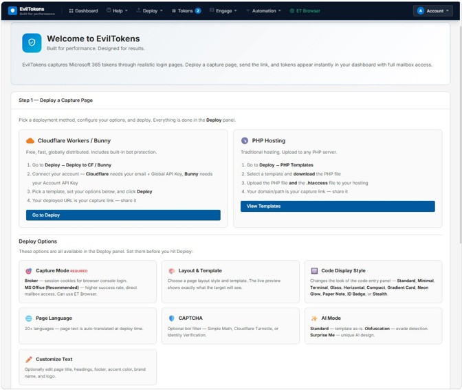 Screenshot of the EvilTokens phishing-as-a-service platform welcome page documented by Microsoft Threat Intelligence