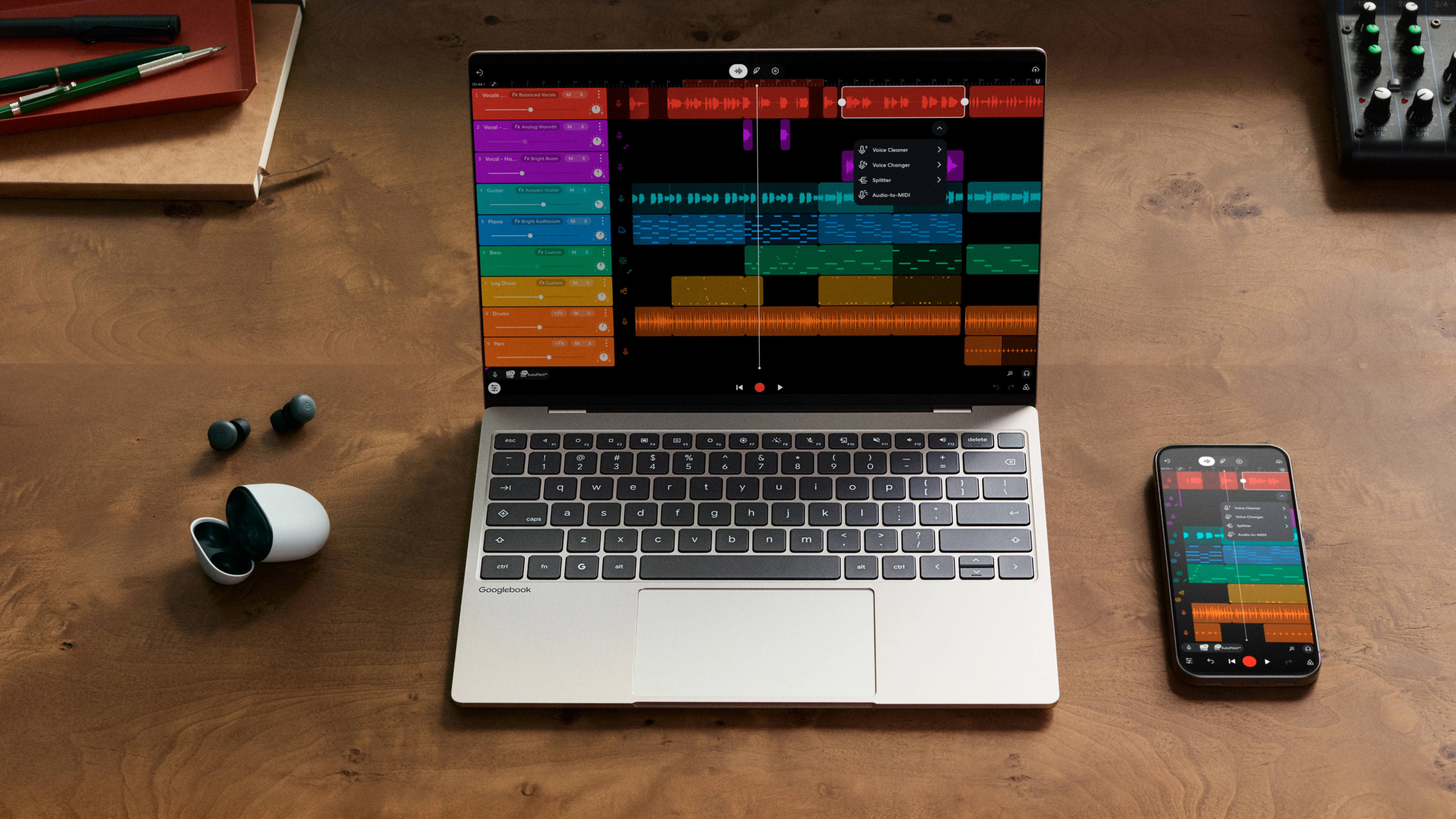 Googlebook laptop and Android phone showing the same music production app