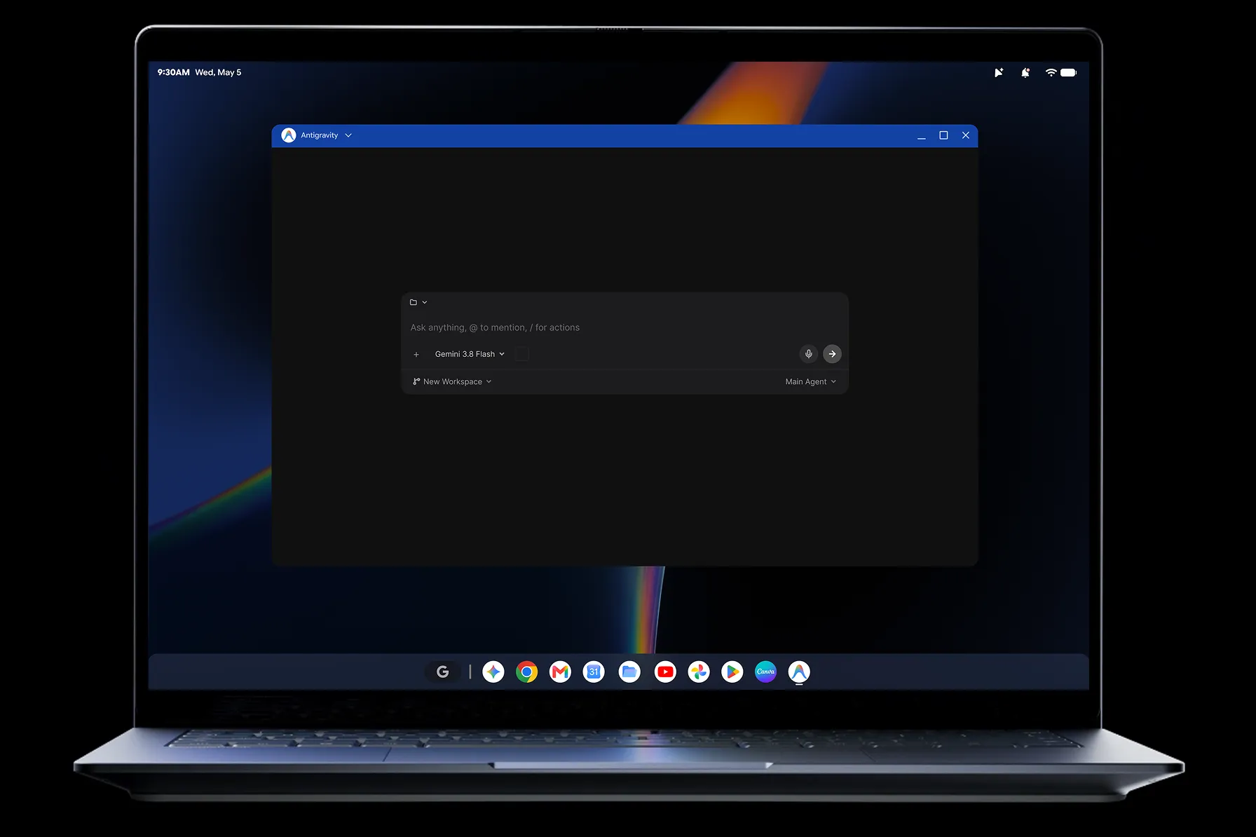 Googlebook laptop displaying the Antigravity developer environment