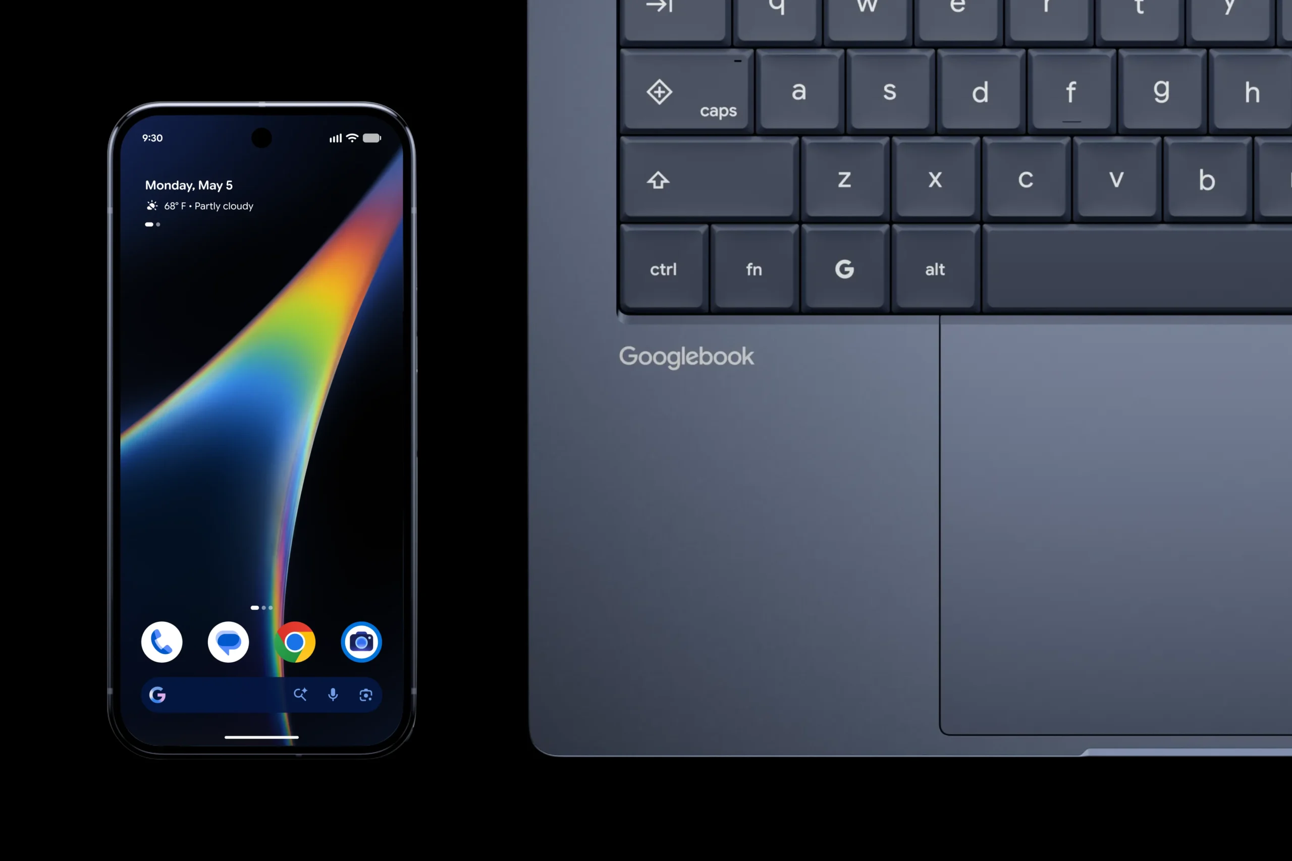 Android phone beside a Googlebook keyboard and trackpad