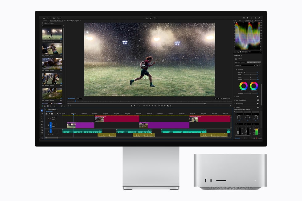 Mac Studio connected to a display showing an Adobe Premiere video editing project