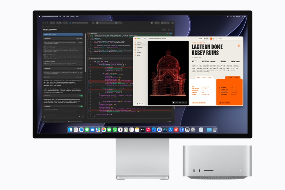 Mac Studio connected to a display showing Xcode and an AI coding workflow