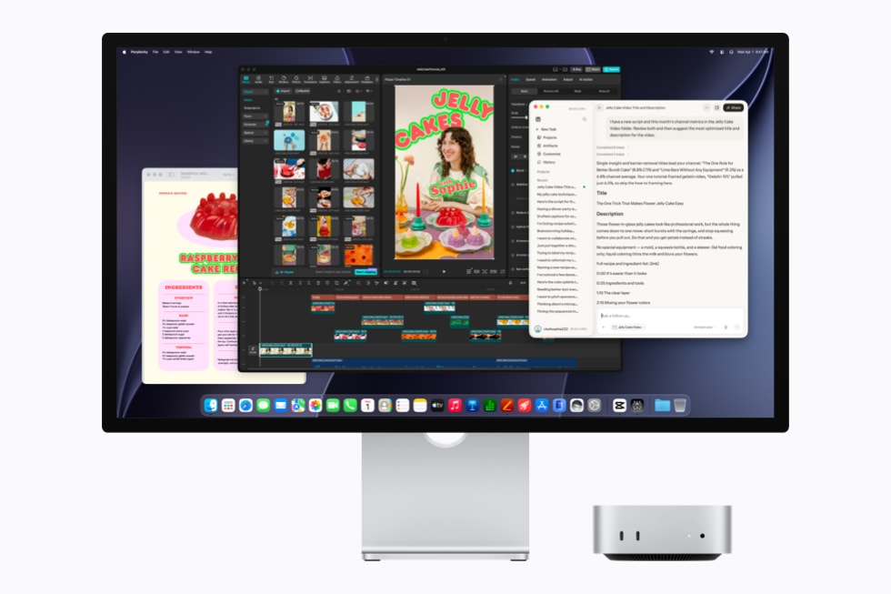 Mac mini with M6 connected to a display showing an AI-assisted creative workflow