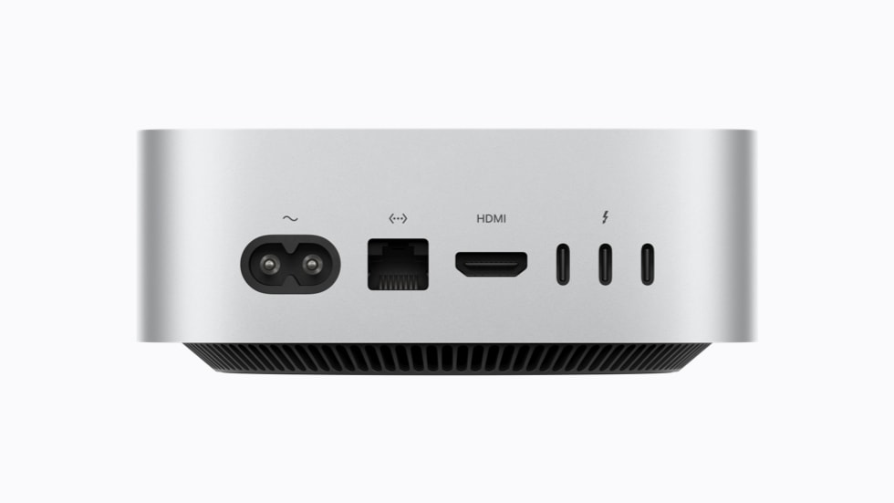 Rear of Mac mini showing power, Ethernet, HDMI and three Thunderbolt ports