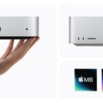 Apple Mac mini with M6 beside Mac Studio and M6 and M5 Ultra chip graphics