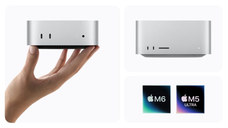 Apple Mac mini with M6 beside Mac Studio and M6 and M5 Ultra chip graphics