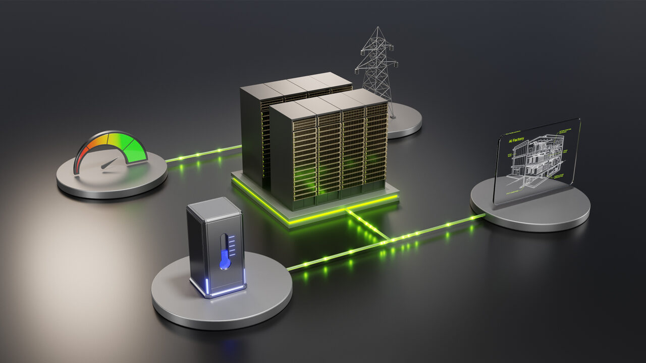 NVIDIA illustration showing an AI factory connected to grid power, cooling and power-management systems