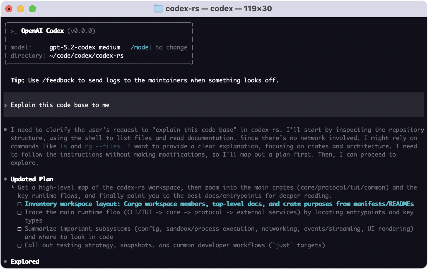 OpenAI Codex CLI running in a macOS terminal while explaining a codebase