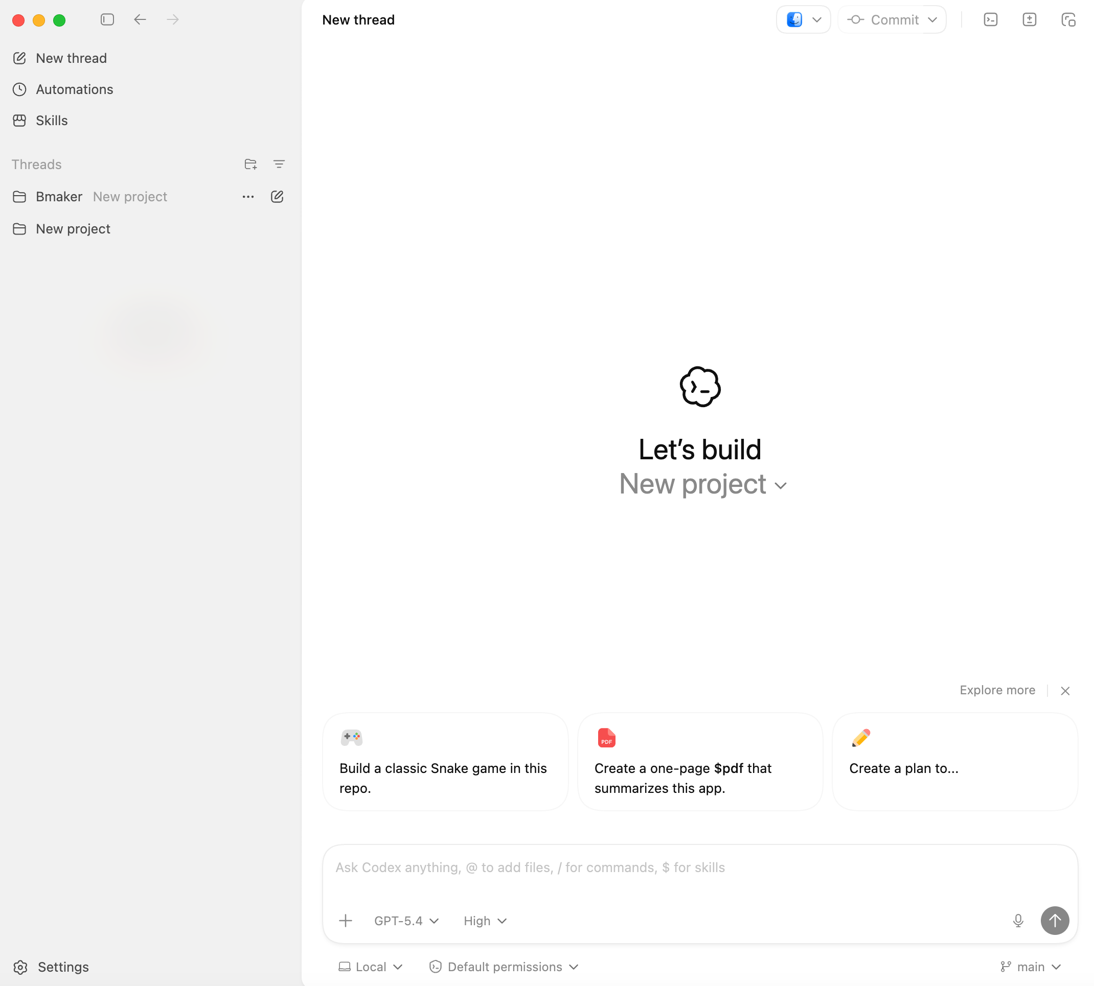 OpenAI Codex desktop app showing the new local project start screen