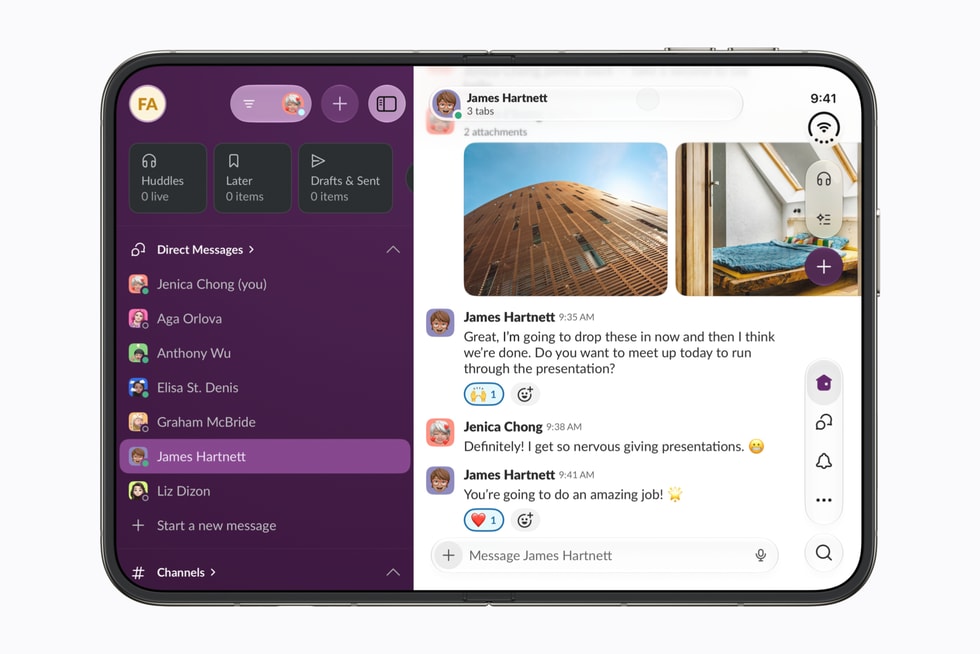 Apple iPhone Duo open with Slack optimized across the large inner display