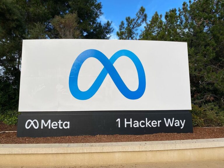 Meta headquarters entrance sign in Menlo Park, California