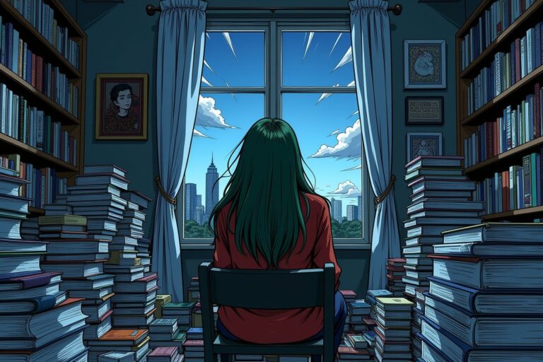 Illustrative AI artwork generated using ChatGPT showing a person in a book-filled room looking toward a sunset; user-submitted example, not a Digital Pulse Brief test