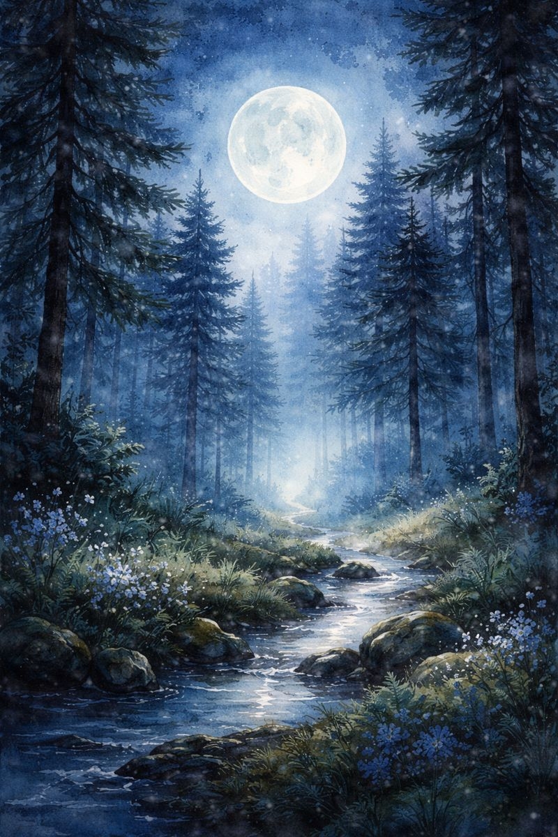 Example of a ChatGPT generated watercolor illustration depicting a moonlit forest