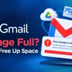 Gmail storage full featured graphic with Gmail and Google Drive logos, a 99% storage warning, and a how-to-free-up-space headline