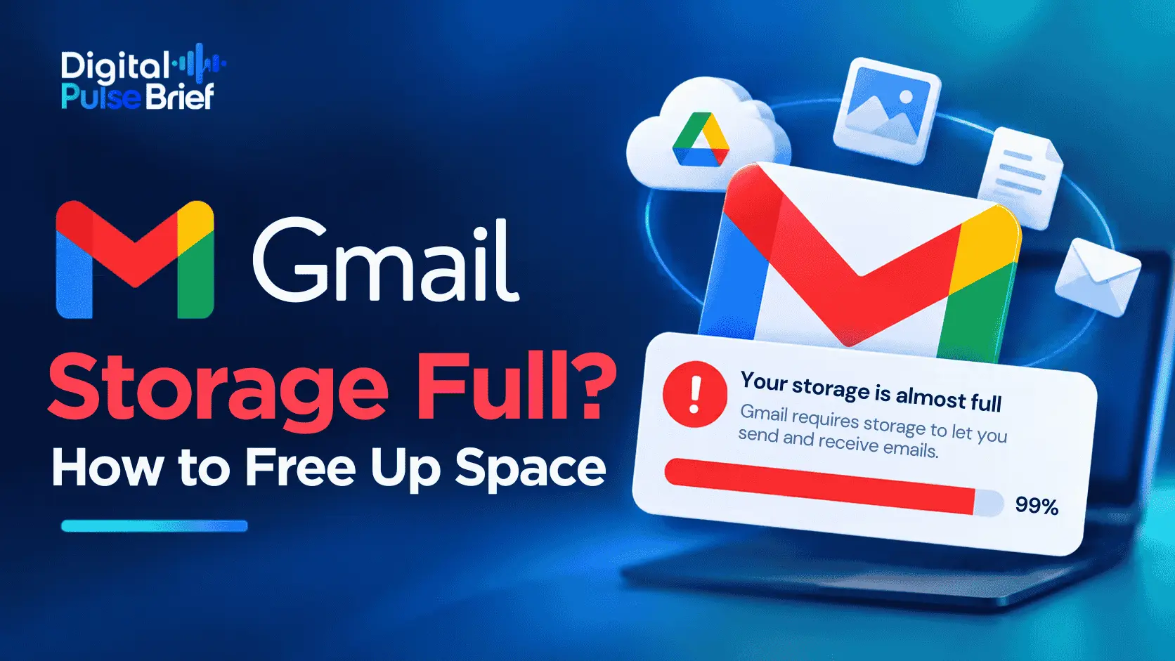 Gmail storage full featured graphic with Gmail and Google Drive logos, a 99% storage warning, and a how-to-free-up-space headline