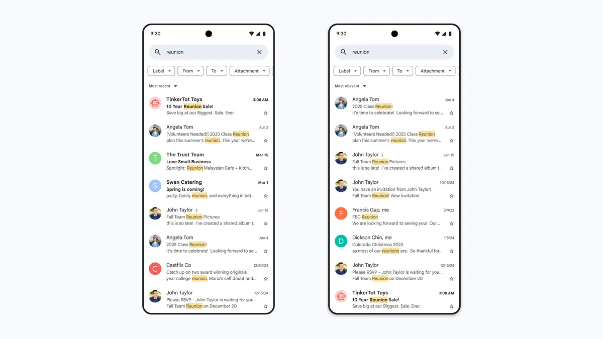 Gmail search interface on mobile with search results, published by Google
