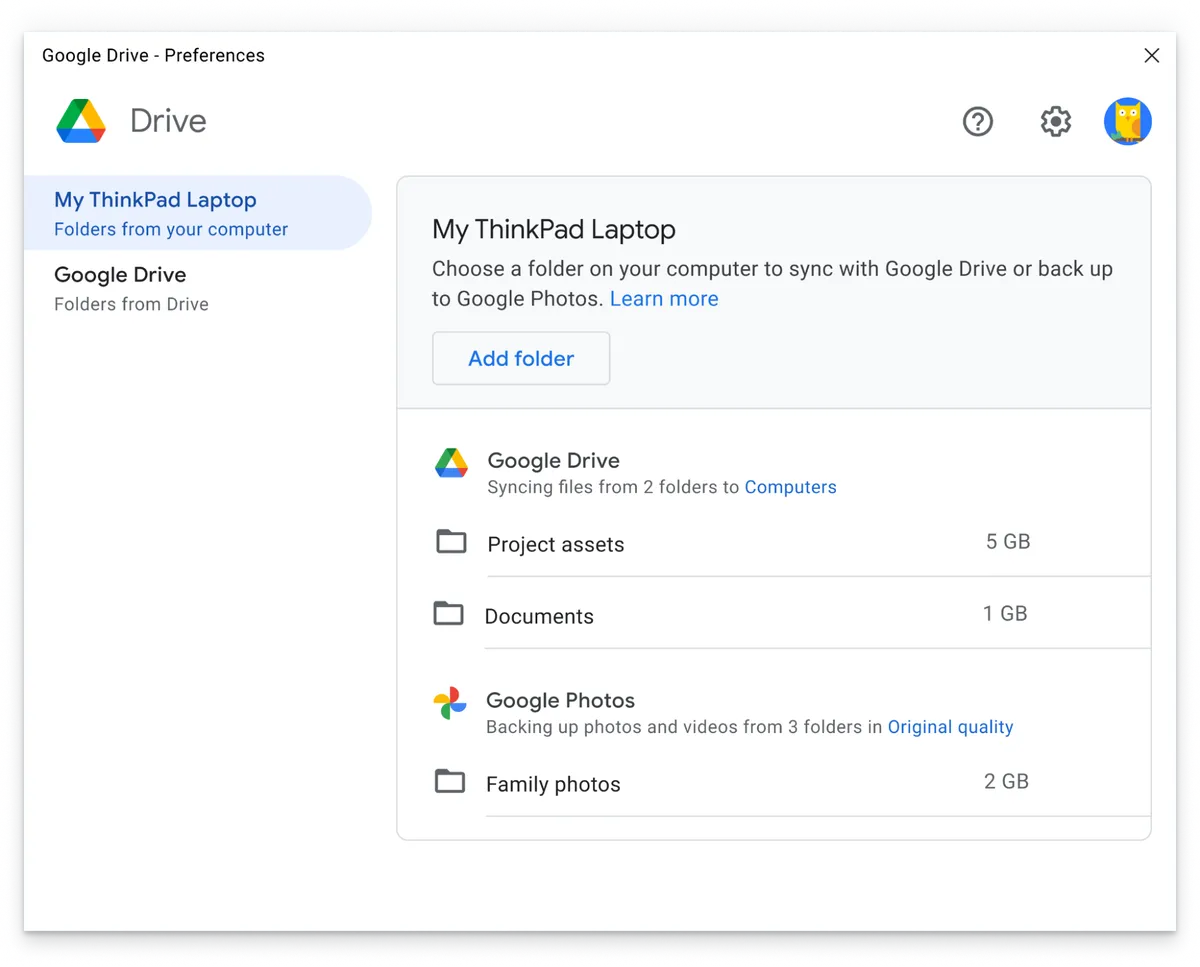 Google Drive for desktop file and folder sync interface screenshot from Google