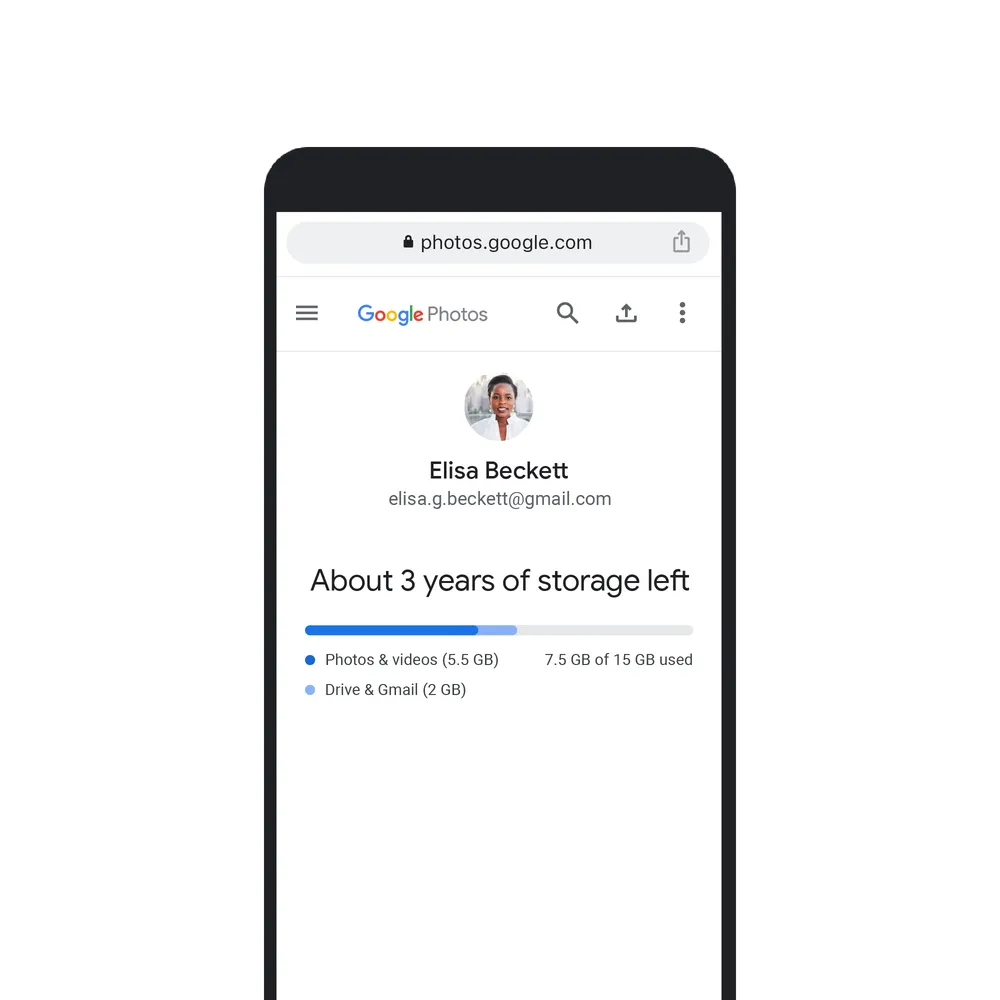 Actual Google Photos interface showing account storage available