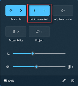Official Microsoft screenshot showing the Bluetooth quick settings control in the Not connected state on Windows 11
