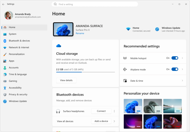 Microsoft Support screenshot of the Windows 11 Settings app home screen showing the Bluetooth and devices navigation