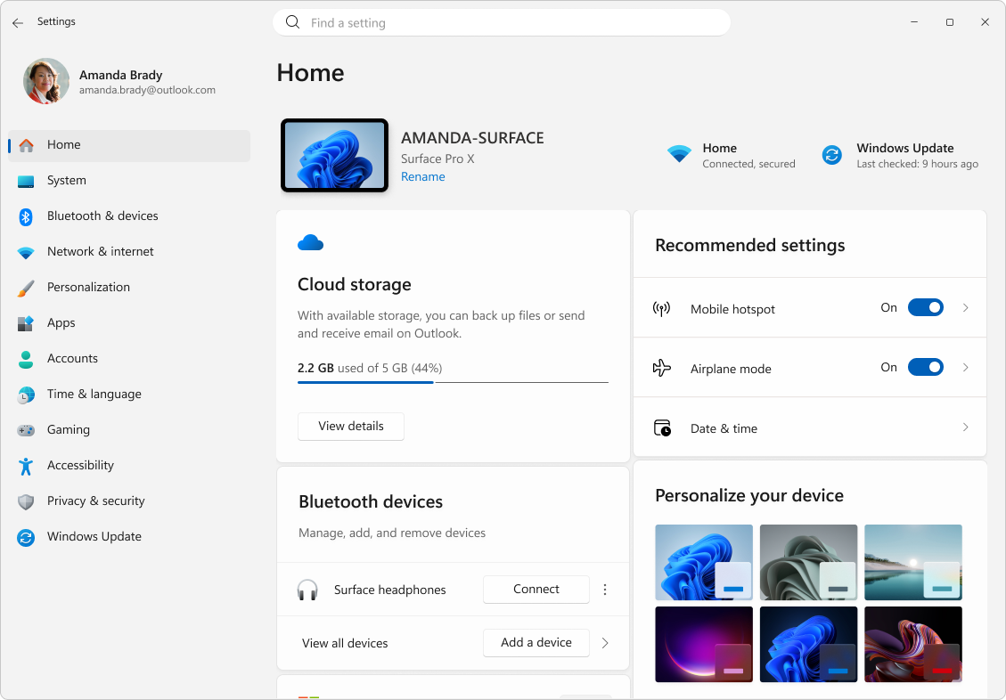 Official Microsoft screenshot of Windows 11 Settings home