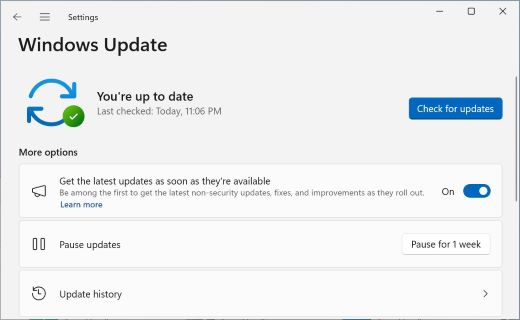 Windows 11 Windows Update settings showing the Get the latest updates as soon as they are available toggle
