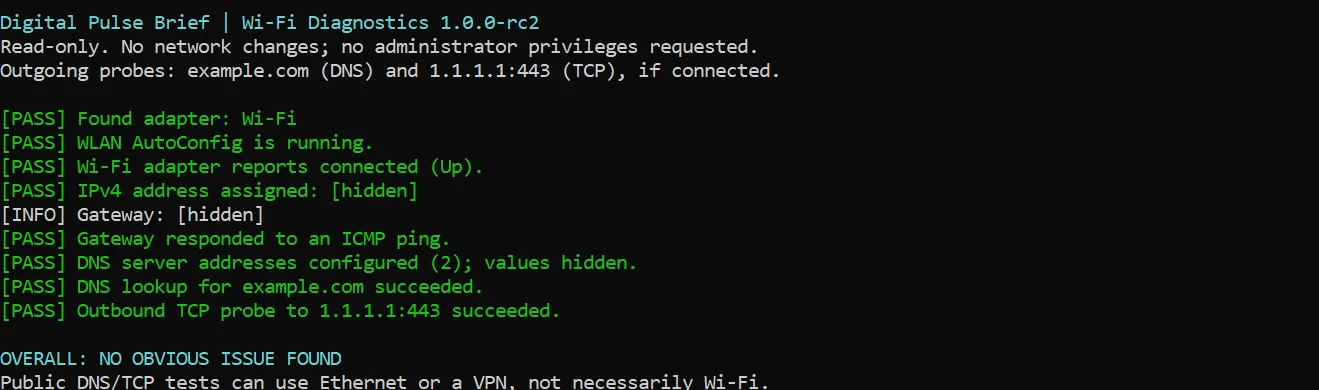 Actual Windows Wi-Fi Diagnostics output with passing connected Wi-Fi, gateway, DNS and TCP checks.