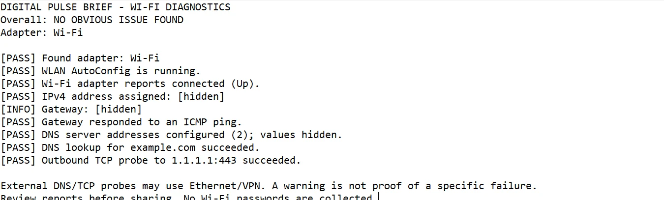 Original saved PowerShell diagnostics report with local IP and gateway values hidden.
